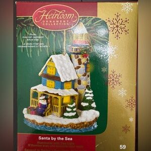 3 Carlton Cards Heirloom Santa by the Sea XmasOrnaments - vintage ceramic in box